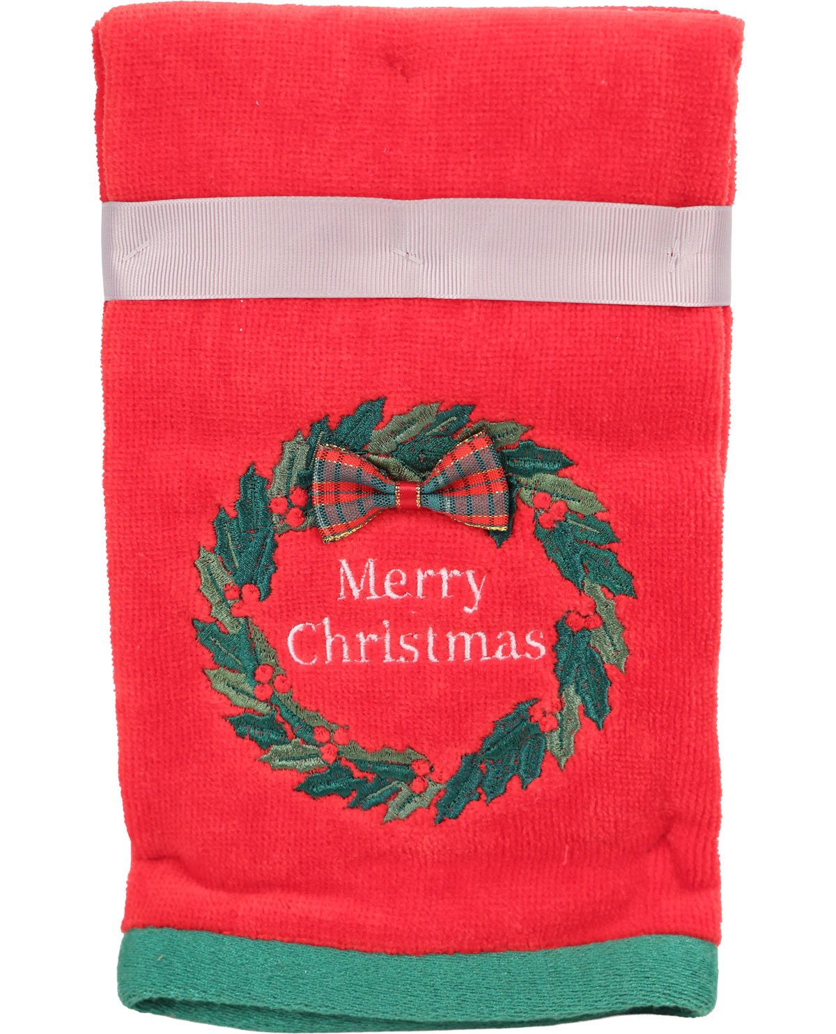 Red towel with Christmas wreath and bow design on a white background