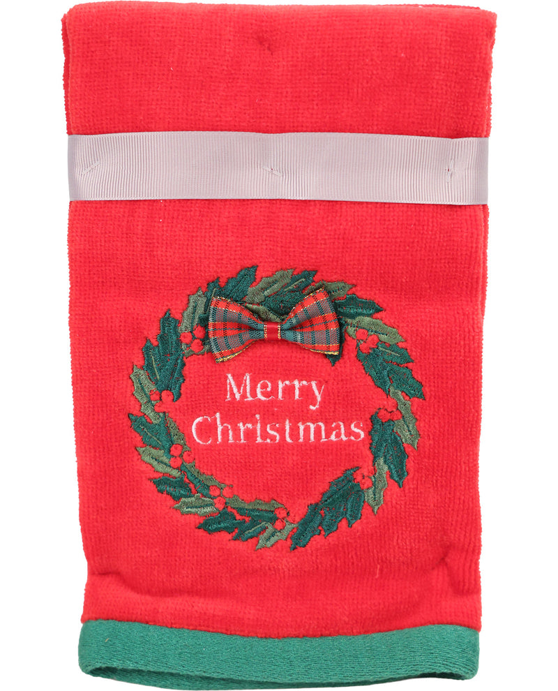 Red towel with Christmas wreath and bow design on a white background