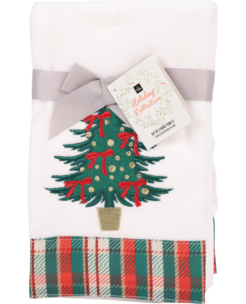 Set of two Christmas-themed kitchen towels with a tree design and plaid border, displayed on a white background.