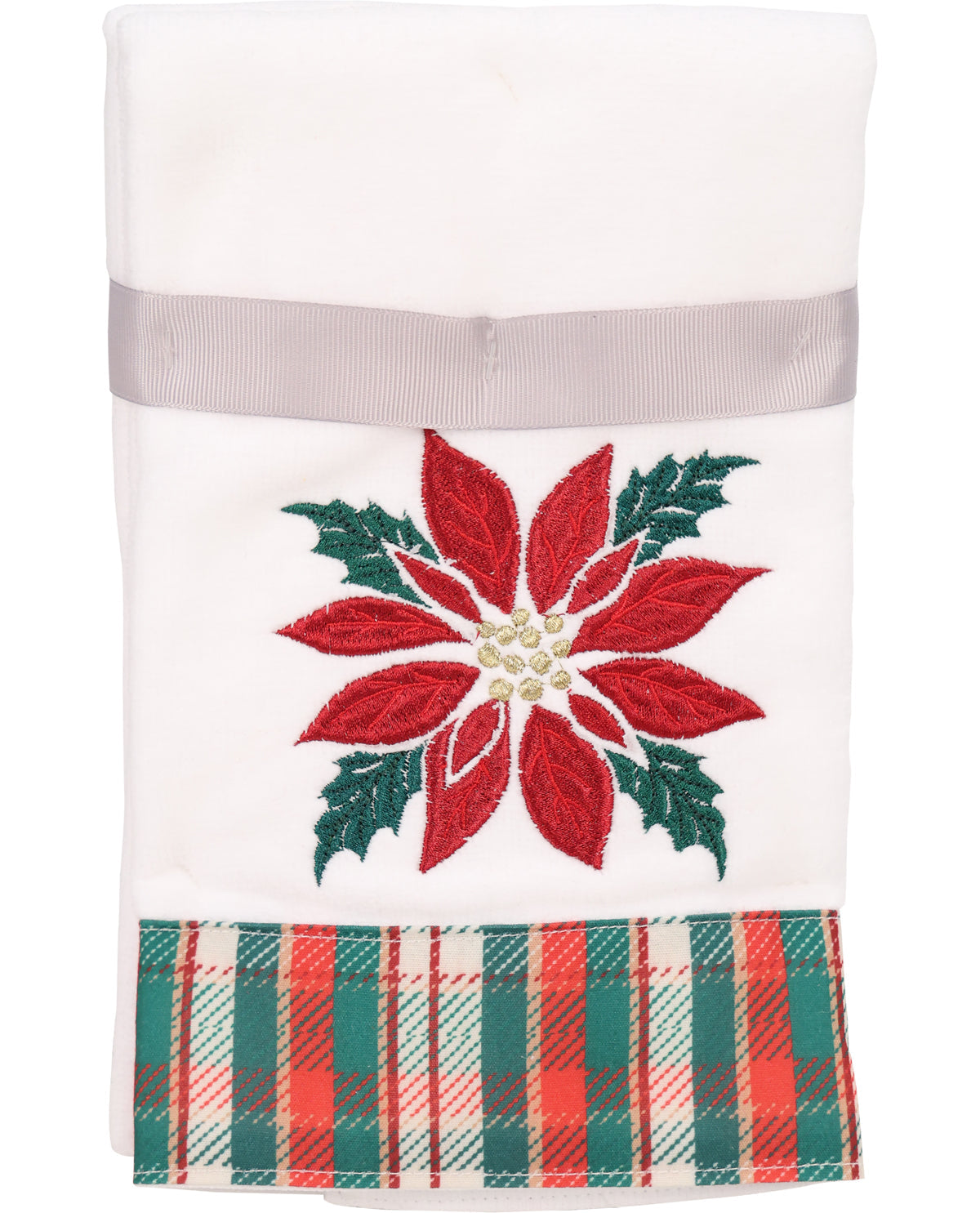 Decorative towel with poinsettia design and plaid border on a white background