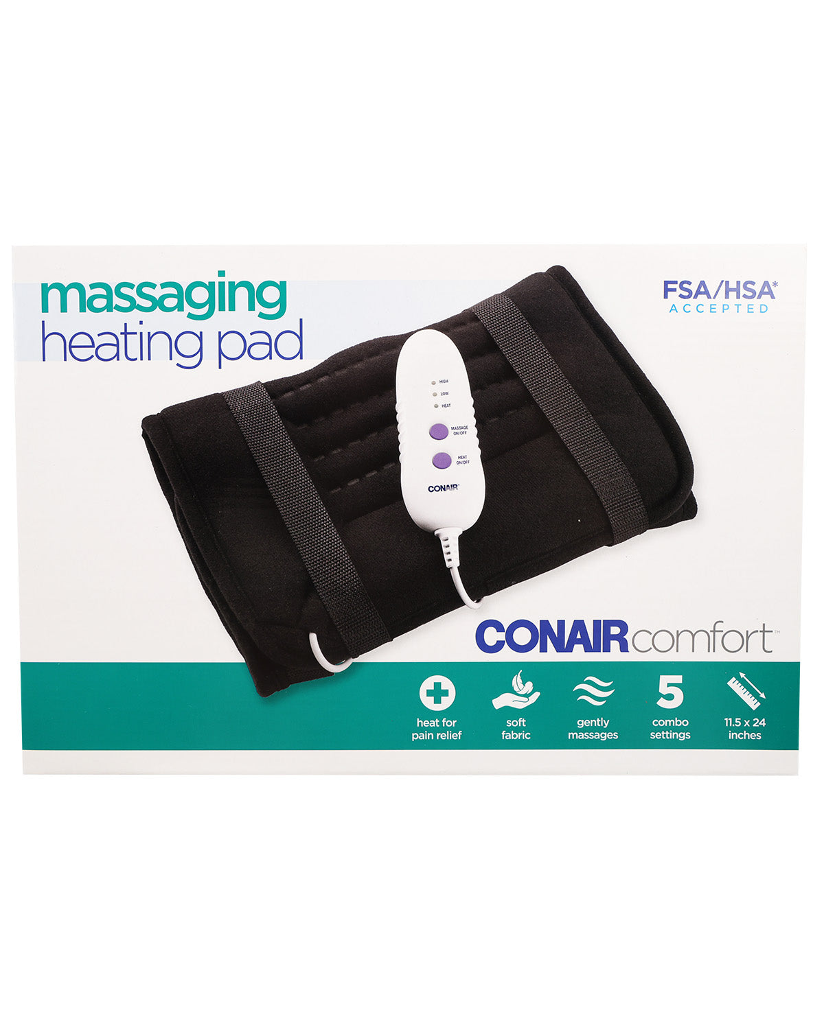 Conair Comfort massage heating pad in black fabric with a white control unit, shown on its white retail packaging with teal and blue text.