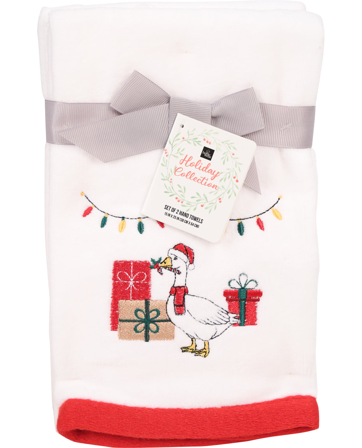 Set of two holiday-themed hand towels with a duck and gift design, tied with a gray ribbon.