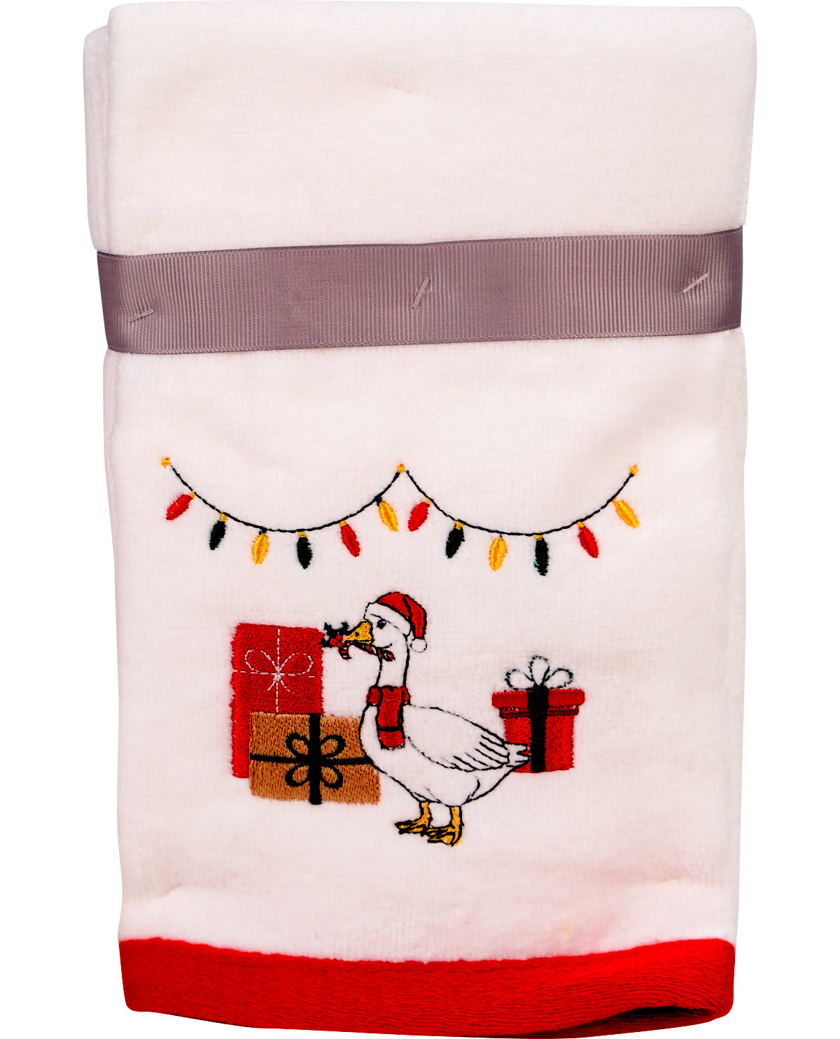 Blanket with a Christmas design featuring a goose, presents, and lights on a white background.