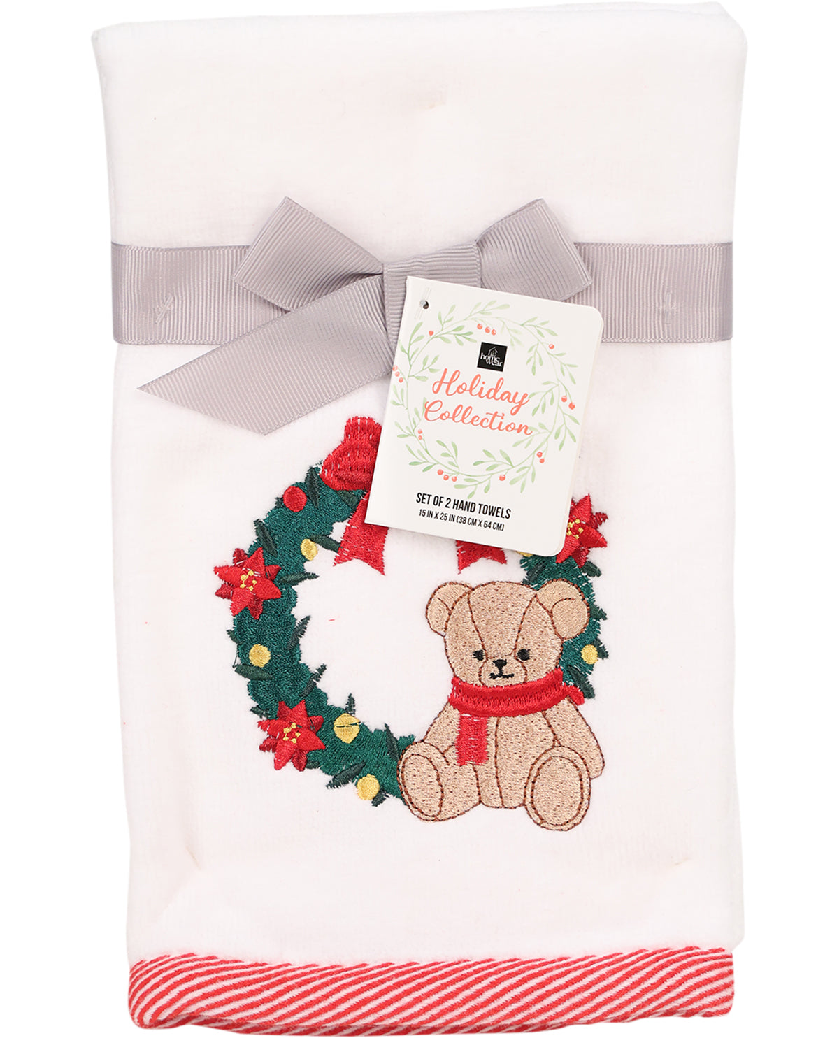 Set of 2 hand towels with a teddy bear and wreath design, featuring a 'Holiday Collection' tag.