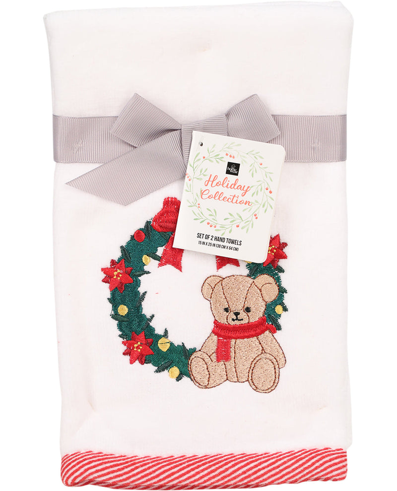 Set of 2 hand towels with a teddy bear and wreath design, featuring a 'Holiday Collection' tag.