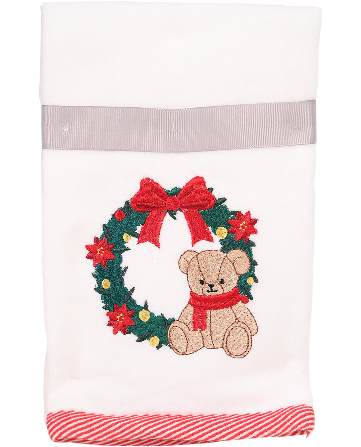 Decorative pillow with teddy bear and wreath design on a white background