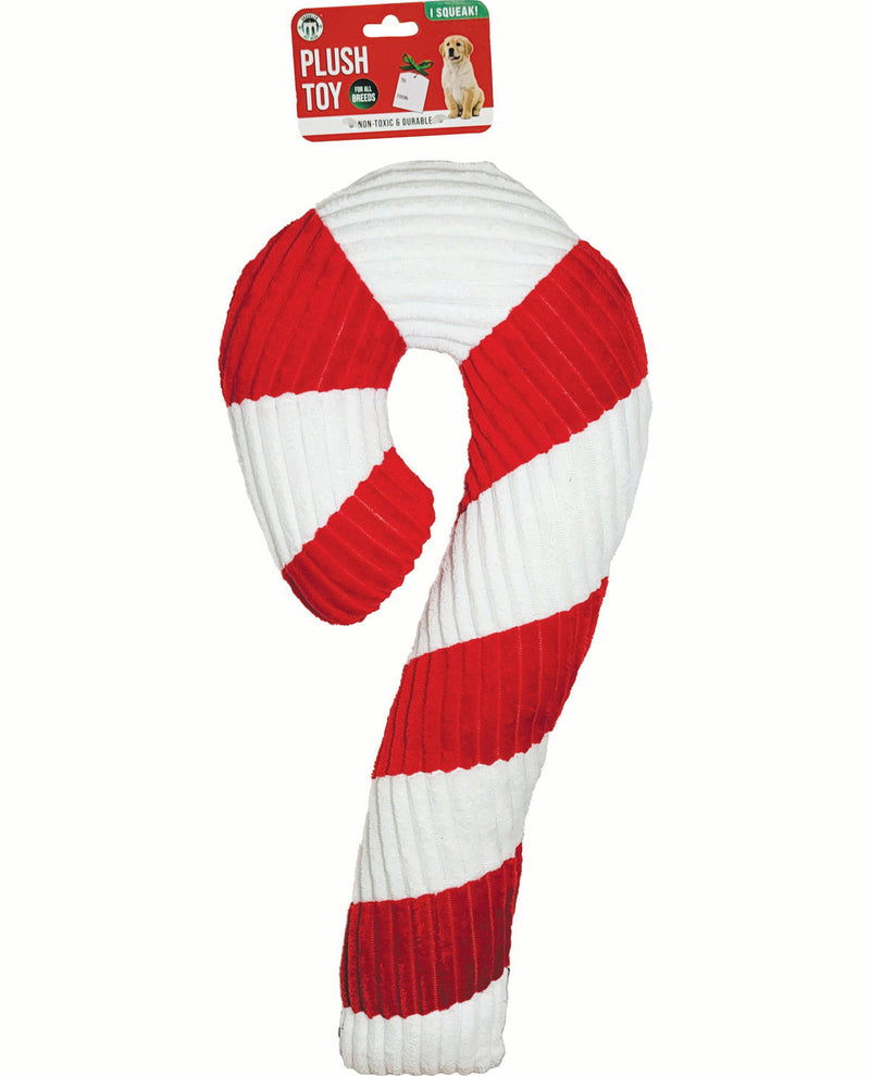 Red and white striped plush toy with a visible brand label on a white background