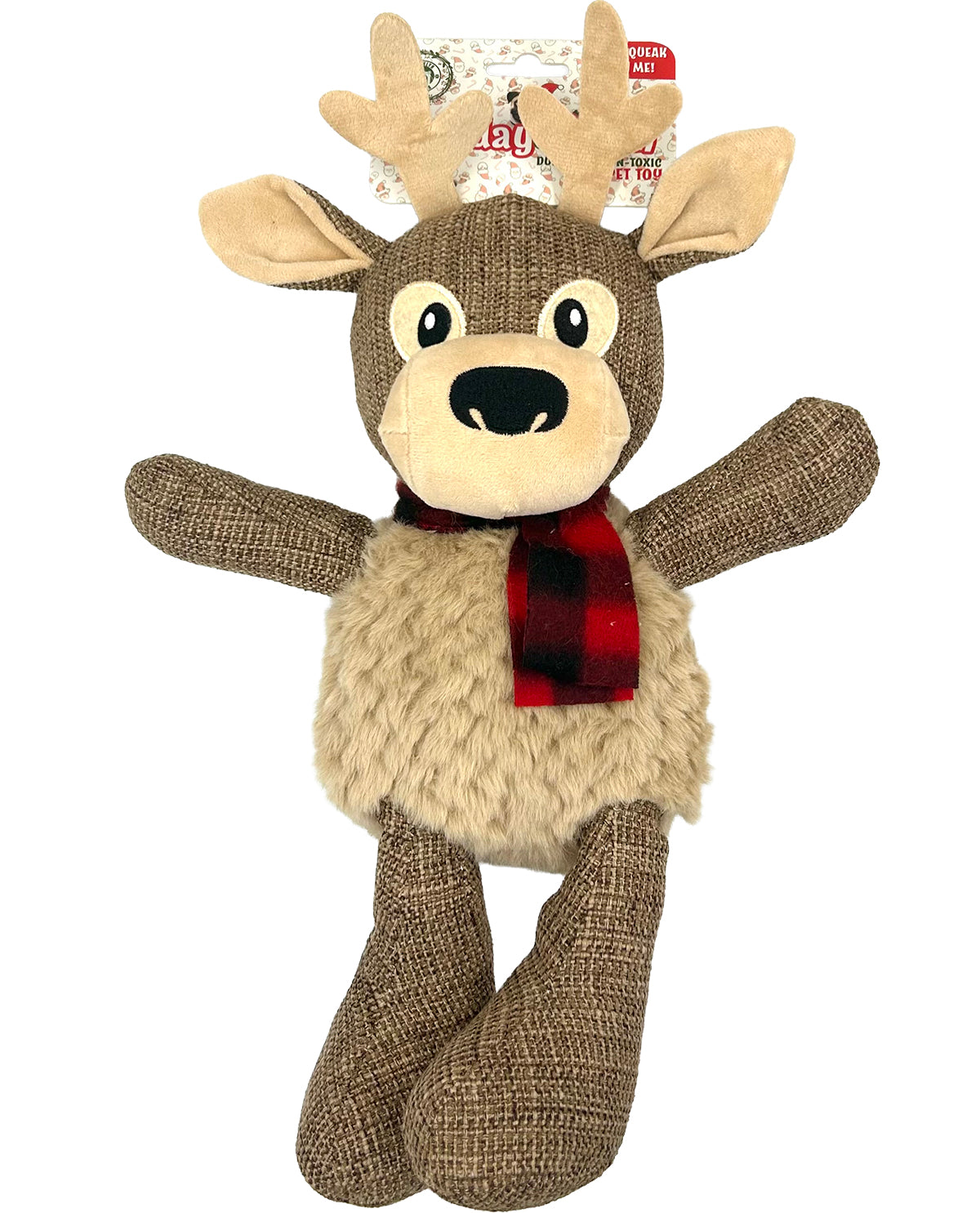 Plush reindeer toy with a red scarf on a white background