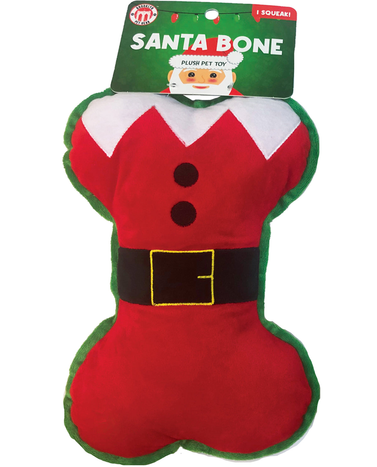 Red and green plush toy shaped like a bone with Santa Claus design on a white background