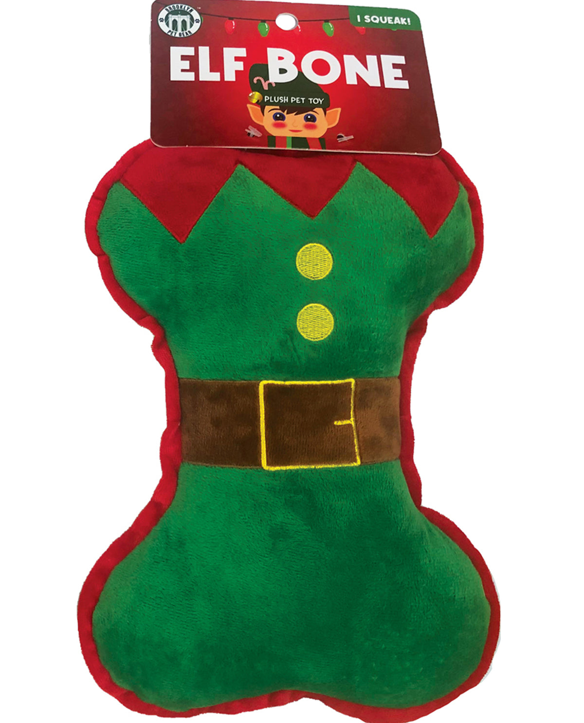 Green and red elf-shaped dog toy with packaging on a white background