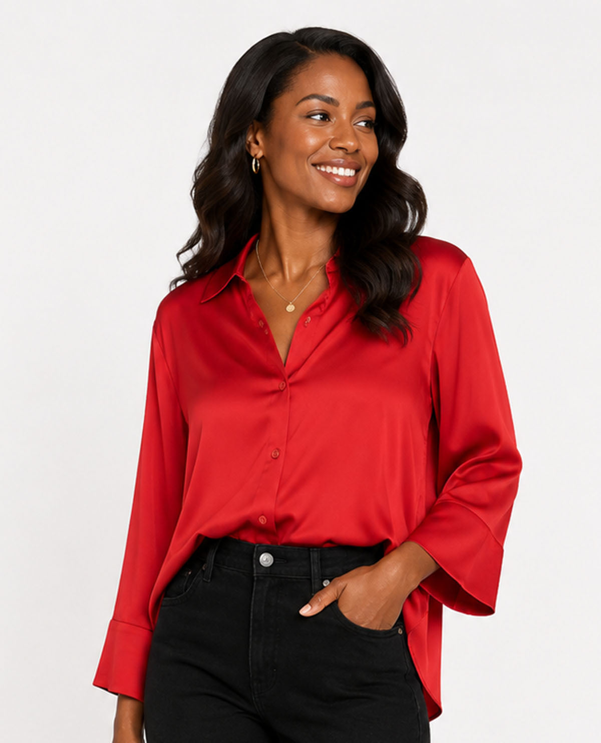 Woman wearing a red shirt against a white background