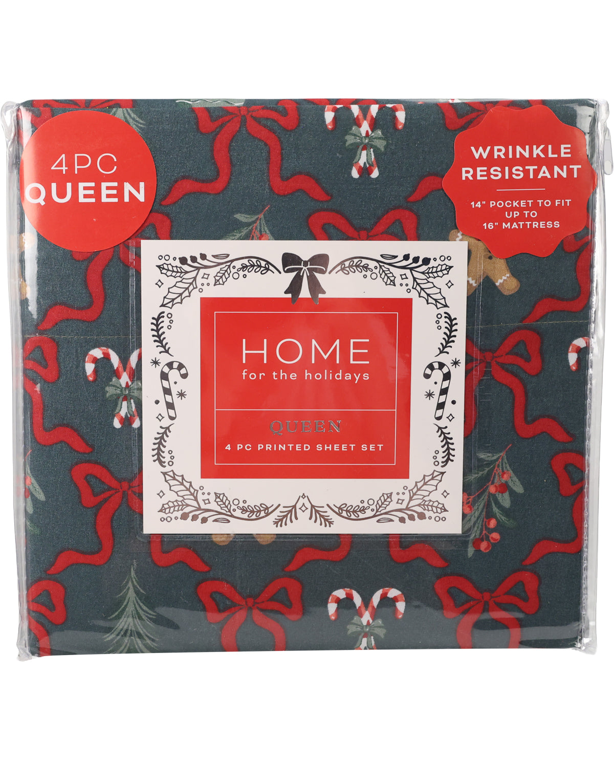 A packaged 4-piece queen size sheet set with a dark teal background and a red, green, and white holiday print featuring bows, candy canes, and mistletoe. The package includes a white and red paper label in the center and red circular callouts on the top left and right.