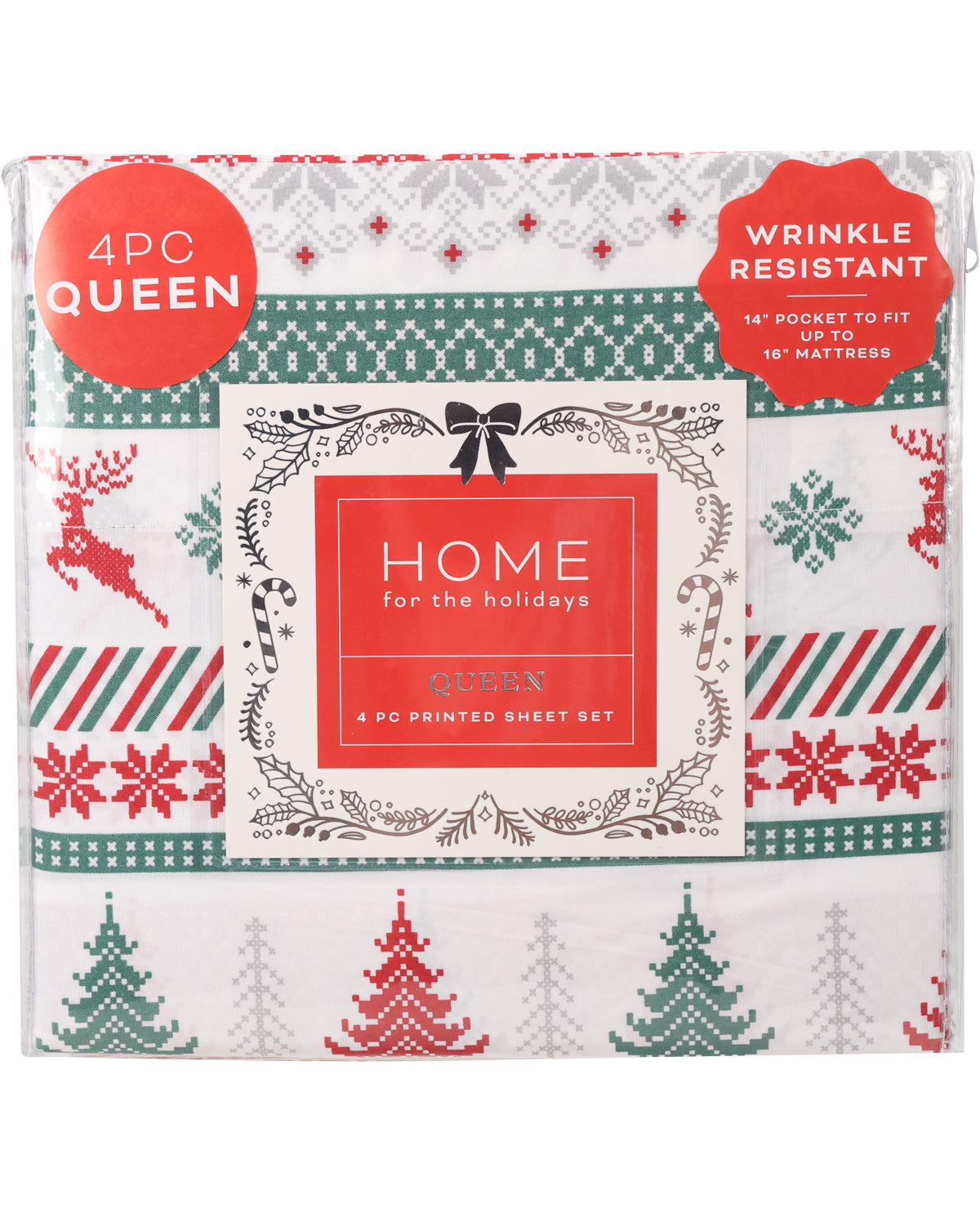 A packaged 4-piece holiday-themed printed sheet set on a white background. The packaging features festive patterns including Christmas trees, snowflakes, candy canes, and reindeer in red, green, and white, with red circular badges indicating '4PC QUEEN' and 'WRINKLE RESISTANT'.