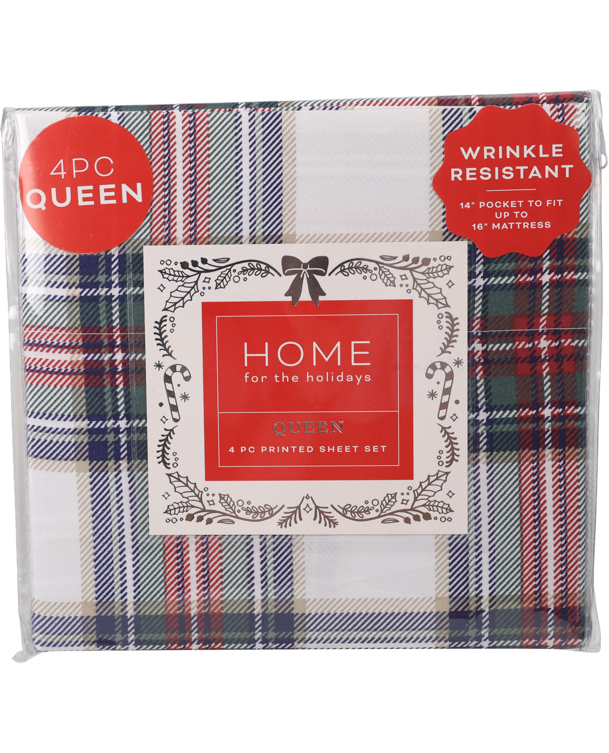 A packaged 4-piece holiday plaid sheet set in a clear plastic bag. The sheets feature a festive red, green, blue, and white plaid pattern.