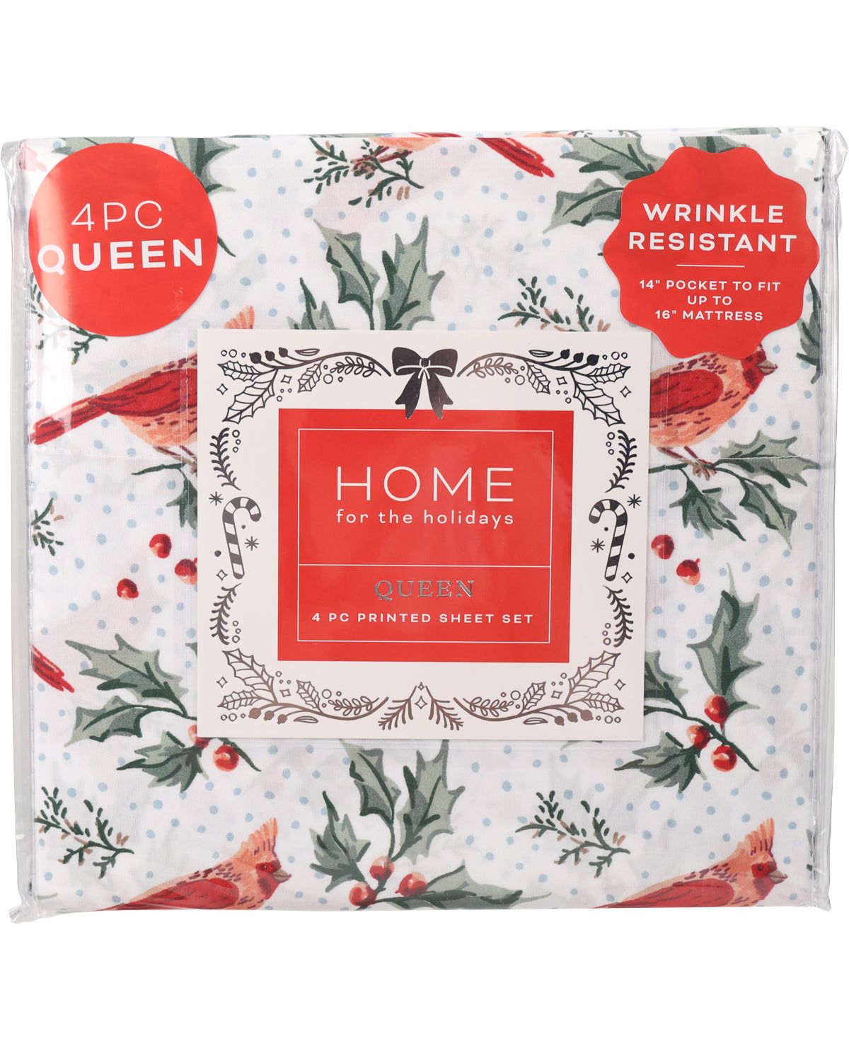 A packaged bedding set labeled 'HOME for the holidays' with a white background and holiday print featuring red birds, holly leaves, pinecones, and small red berries. Red circular callouts read '4PC QUEEN' and 'WRINKLE RESISTANT'.