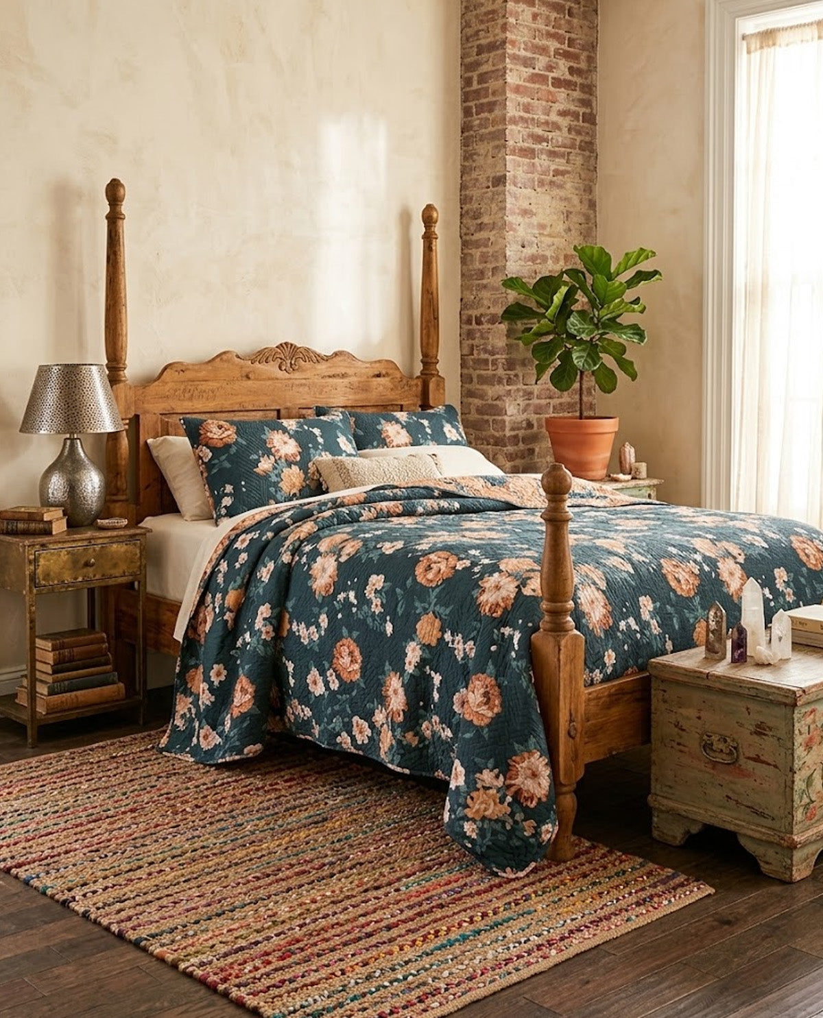 A rustic wooden bed dressed in a dark teal floral comforter and matching pillows, styled in a warm bedroom with a brick column, bedside tables, a lamp, and a striped area rug.
