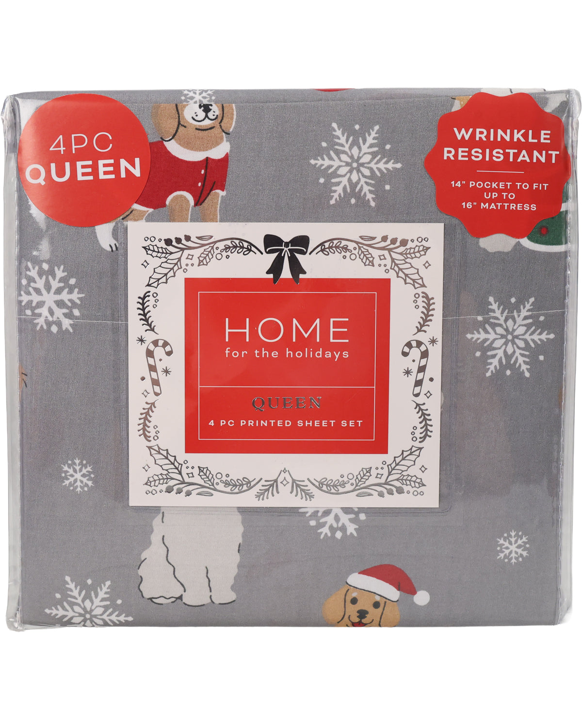 A packaged bedding set labeled 'HOME for the holidays' with a gray printed sheet set featuring white snowflakes, a dog in a red sweater, a white dog silhouette, and holiday decorations. Red circular callouts read '4PC QUEEN' and 'WRINKLE RESISTANT'.