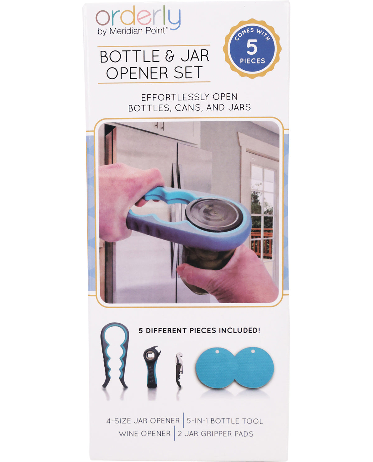Bottle and jar opener set packaging with a hand using the opener on a bottle.