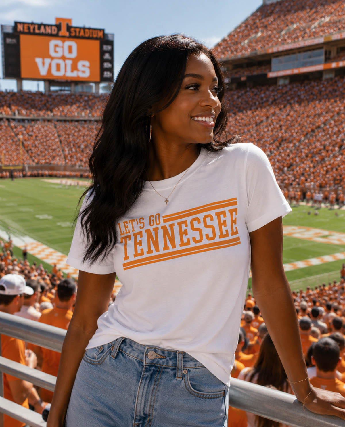 Woman wearing a 'Let's Go Tennessee' t-shirt at Neyland Stadium