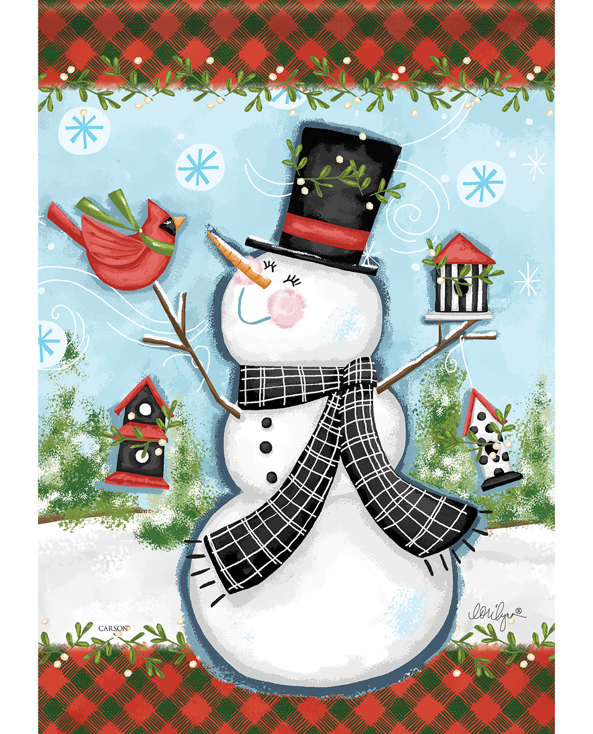 Decorative Christmas card with a snowman, birds, and festive border.