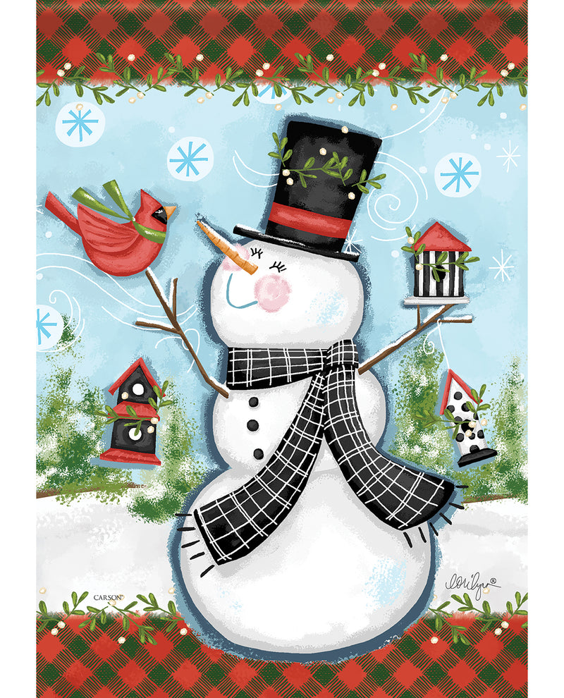 Decorative Christmas card with a snowman, birds, and festive border.
