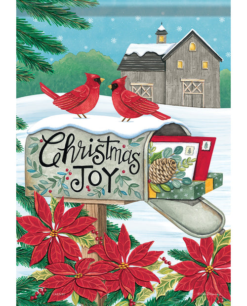 Christmas-themed illustration with cardinals, mailbox, and poinsettias.