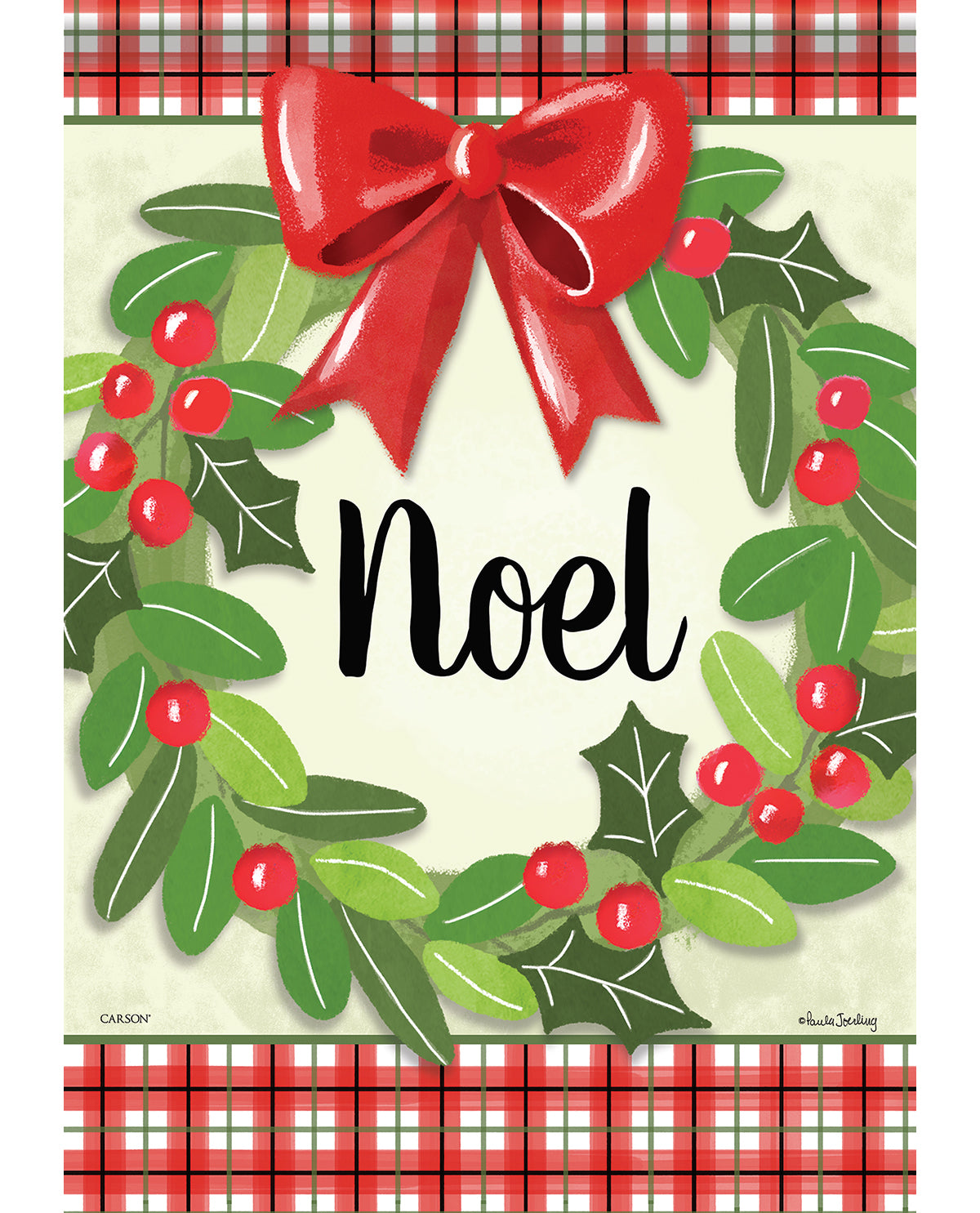 Christmas-themed decorative item with holly leaves, berries, and a red bow on a plaid border.