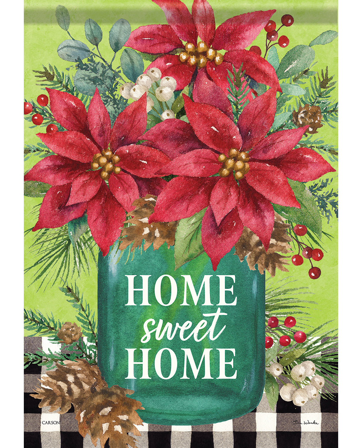 Decorative towel with red poinsettias, green jar, and 'Home sweet Home' text on a green background.