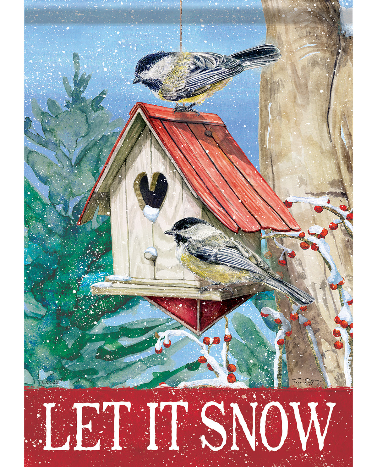 Decorative card with two birds on a birdhouse and 'Let It Snow' text, set against a snowy background.
