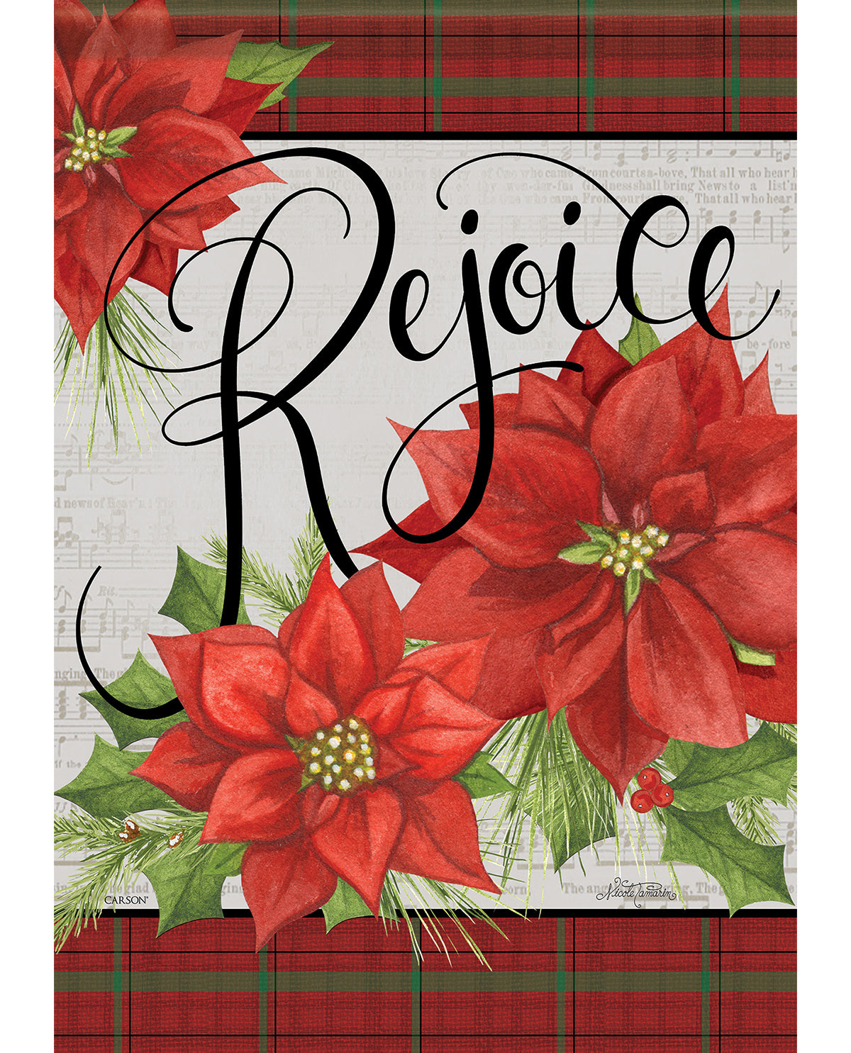 Decorative sign with red poinsettias and the word 'Rejoice' on a plaid background.