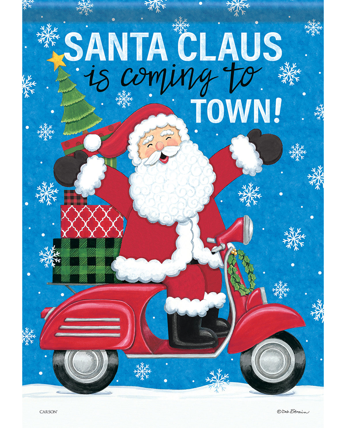 Cartoon Santa Claus on a scooter with text 'Santa Claus is coming to town!' on a blue background with snowflakes.