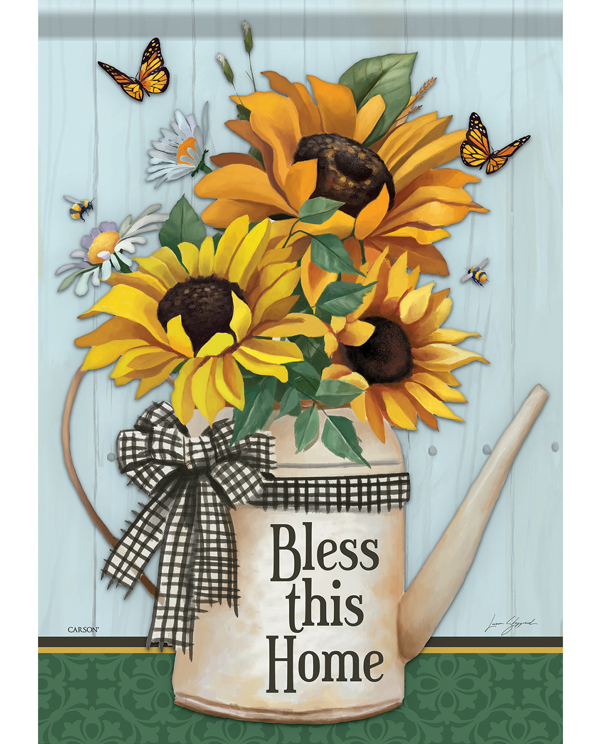 Decorative teapot with sunflowers and a checkered bow, featuring the text 'Bless this Home' on a light blue background.