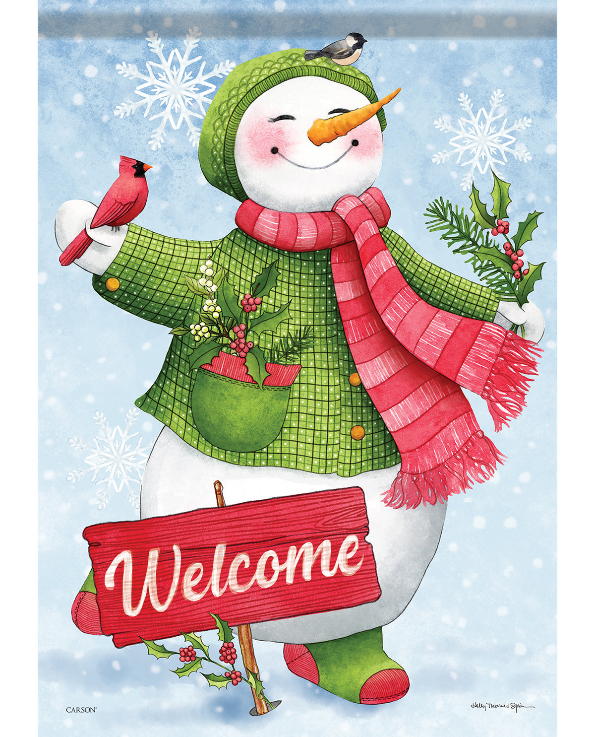 Snowman with a red scarf, green hat, and holding a 'Welcome' sign against a snowy background.