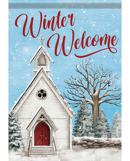 Winter scene with a small church, trees, and snow, featuring the text 'Winter Welcome'.