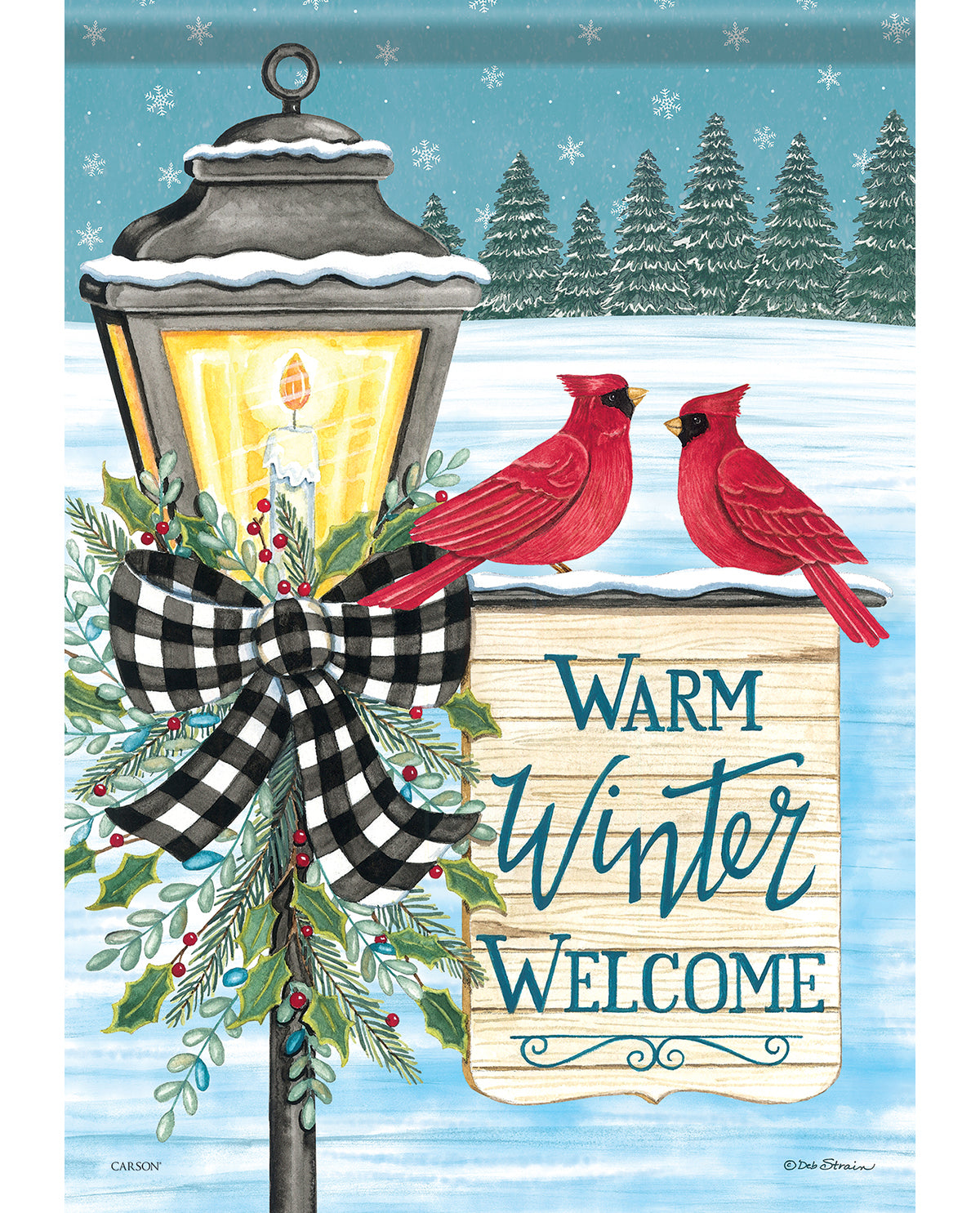 Decorative winter scene with a lamp post, cardinals, and 'Warm Winter Welcome' sign.