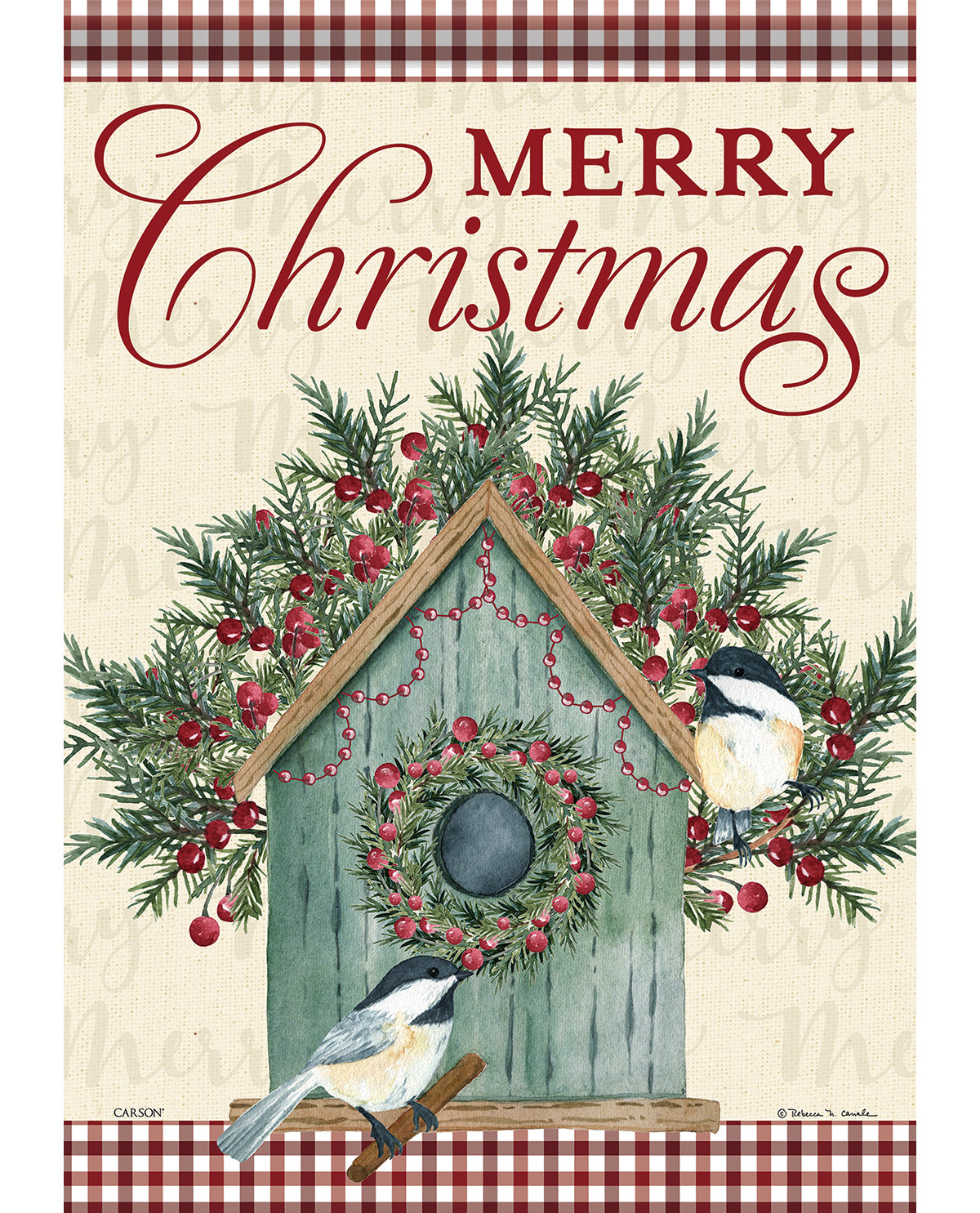 Christmas-themed design with wreath, birds, and 'Merry Christmas' text on a checkered border.