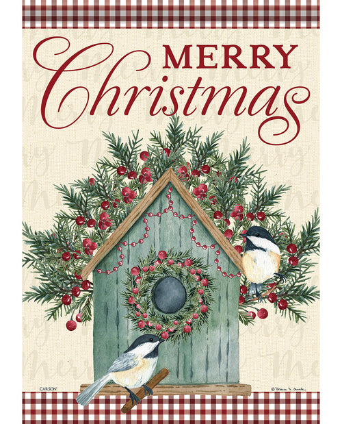 Christmas-themed design with wreath, birds, and 'Merry Christmas' text on a checkered border.