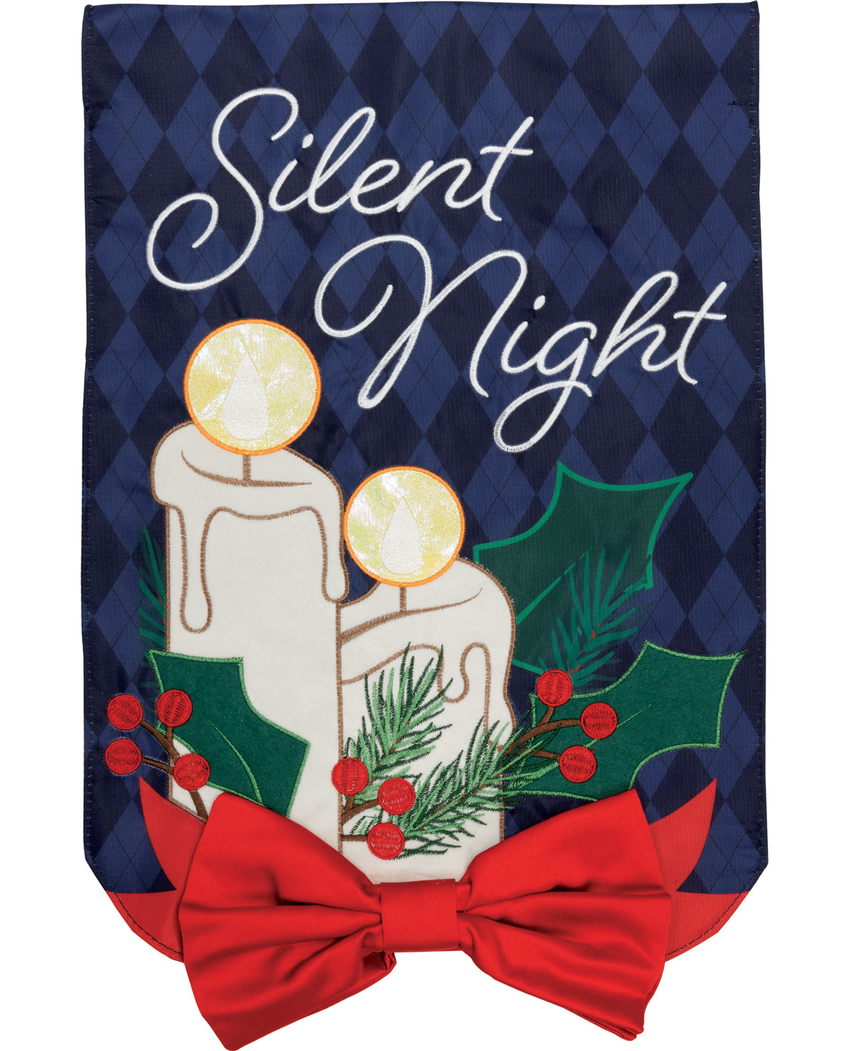Decorative Christmas banner with 'Silent Night' text, candles, holly, and a red bow on a blue plaid background.
