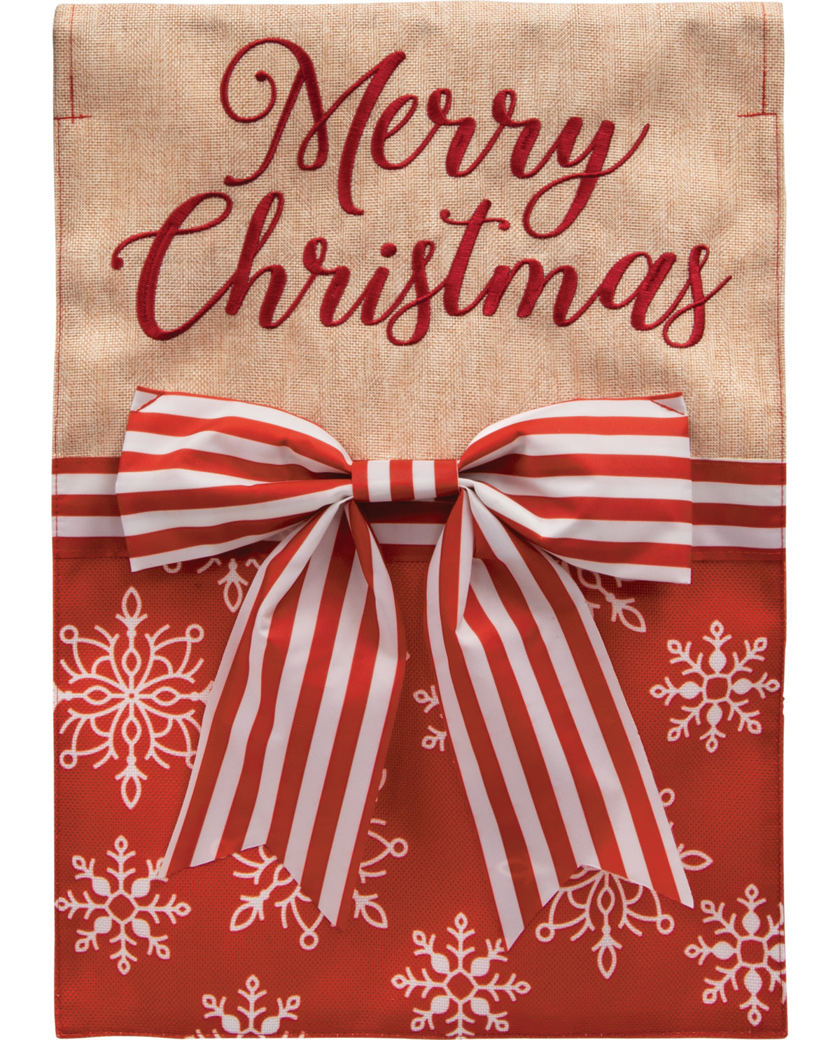 Decorative Christmas towel with 'Merry Christmas' text, red and white striped bow, and snowflake patterns on a red background.