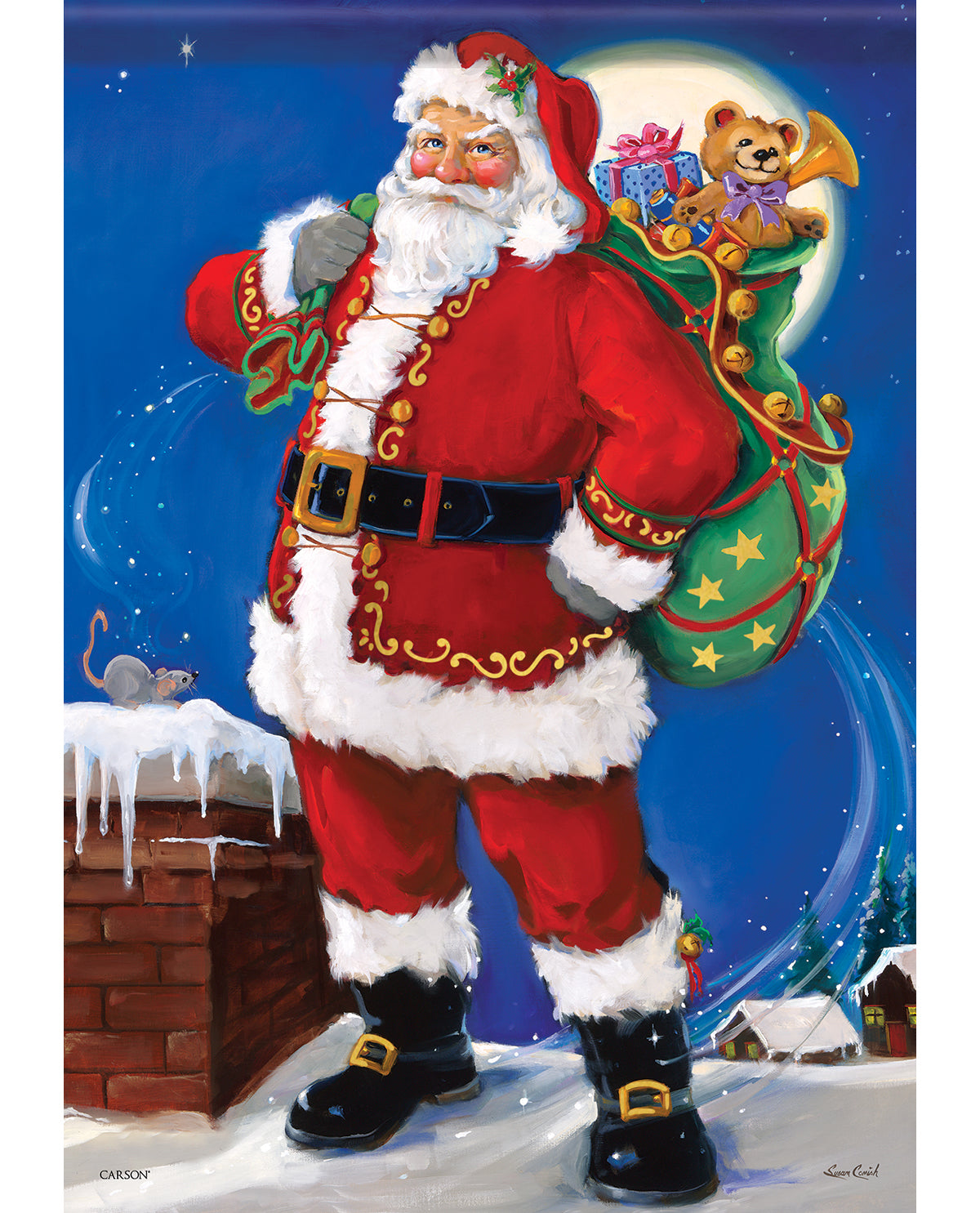 Illustration of Santa Claus with a sack of gifts against a night sky with moon and stars.
