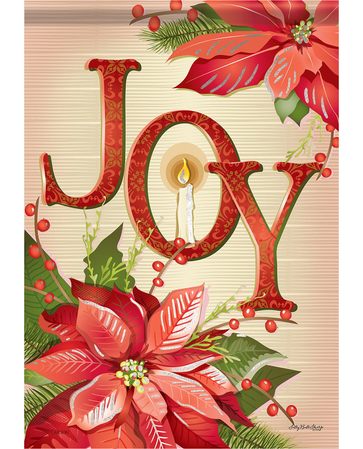 Decorative Christmas card with 'JOY' text, candles, and poinsettias on a beige background.