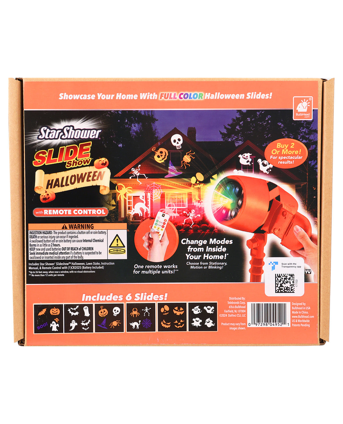The back of the retail packaging box for the StarShower Slide Show Halloween toy, featuring product illustrations, feature callouts, and a barcode on an orange cardboard background.
