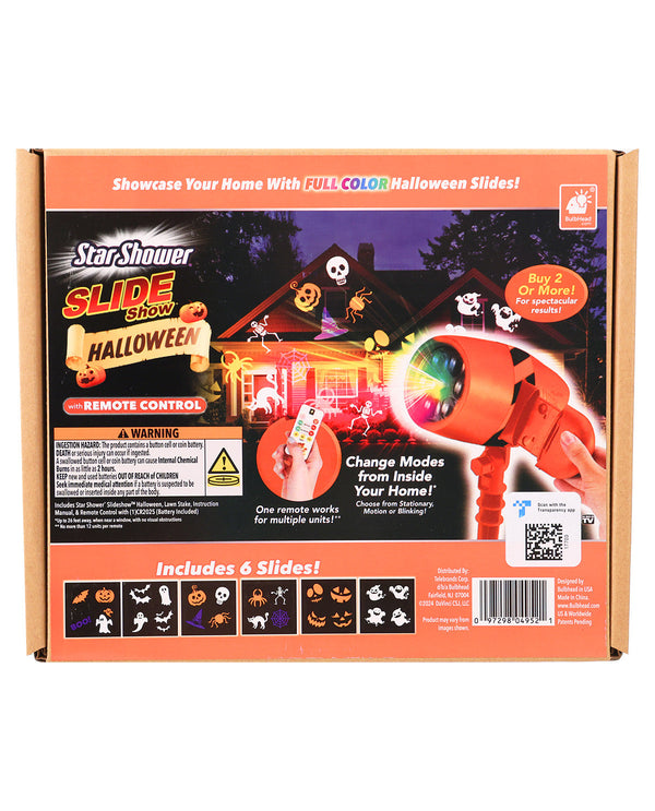 The back of the retail packaging box for the StarShower Slide Show Halloween toy, featuring product illustrations, feature callouts, and a barcode on an orange cardboard background.