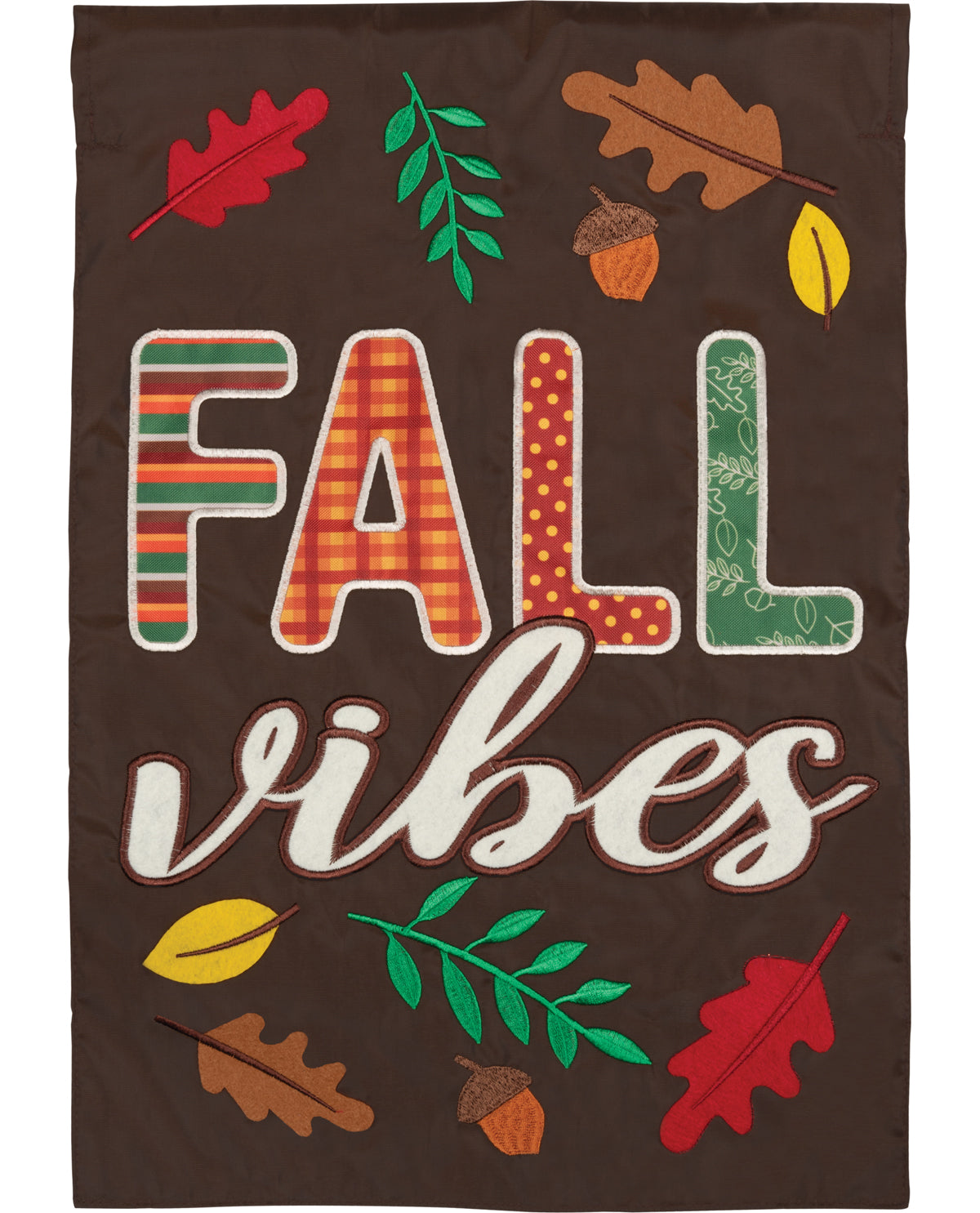 A rectangular brown fabric banner or flag featuring the words 'FALL vibes' in decorative lettering, surrounded by autumn leaves, acorns, and green leaves on a dark brown background.