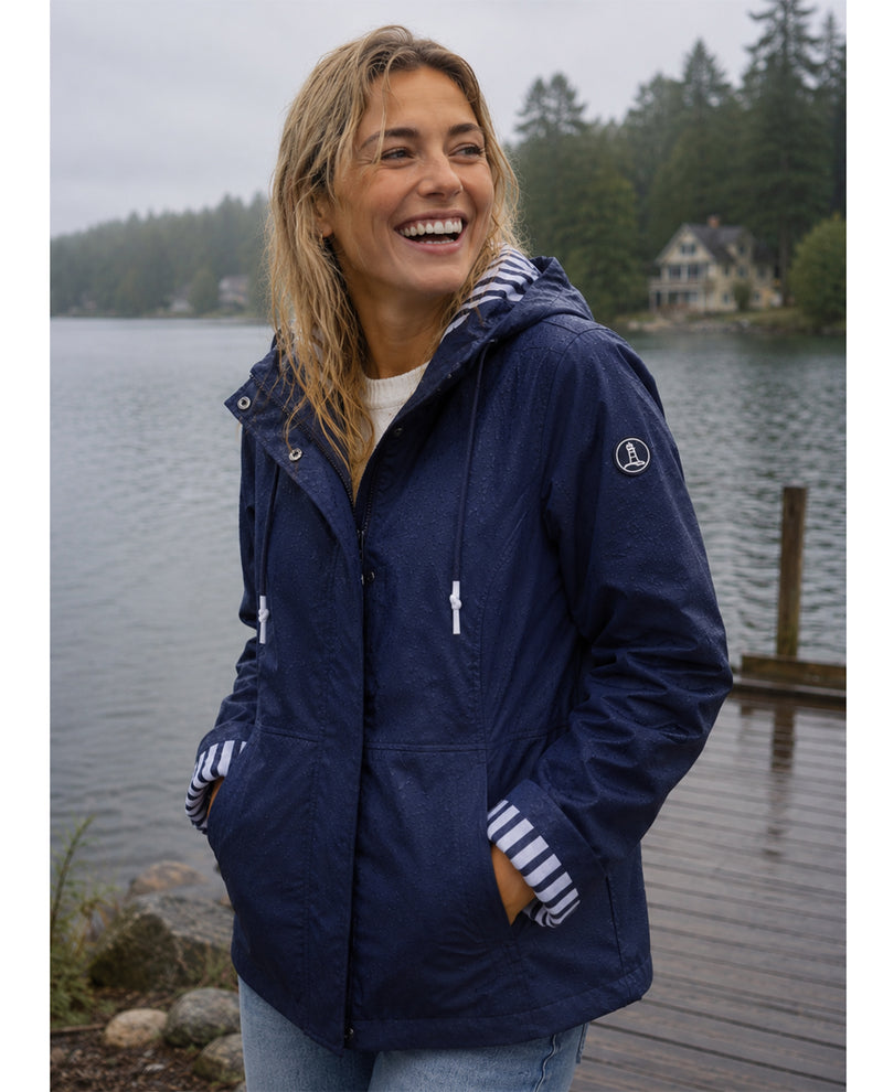 Lands End Zip Up Hooded Rain Jacket With Stripe Lining