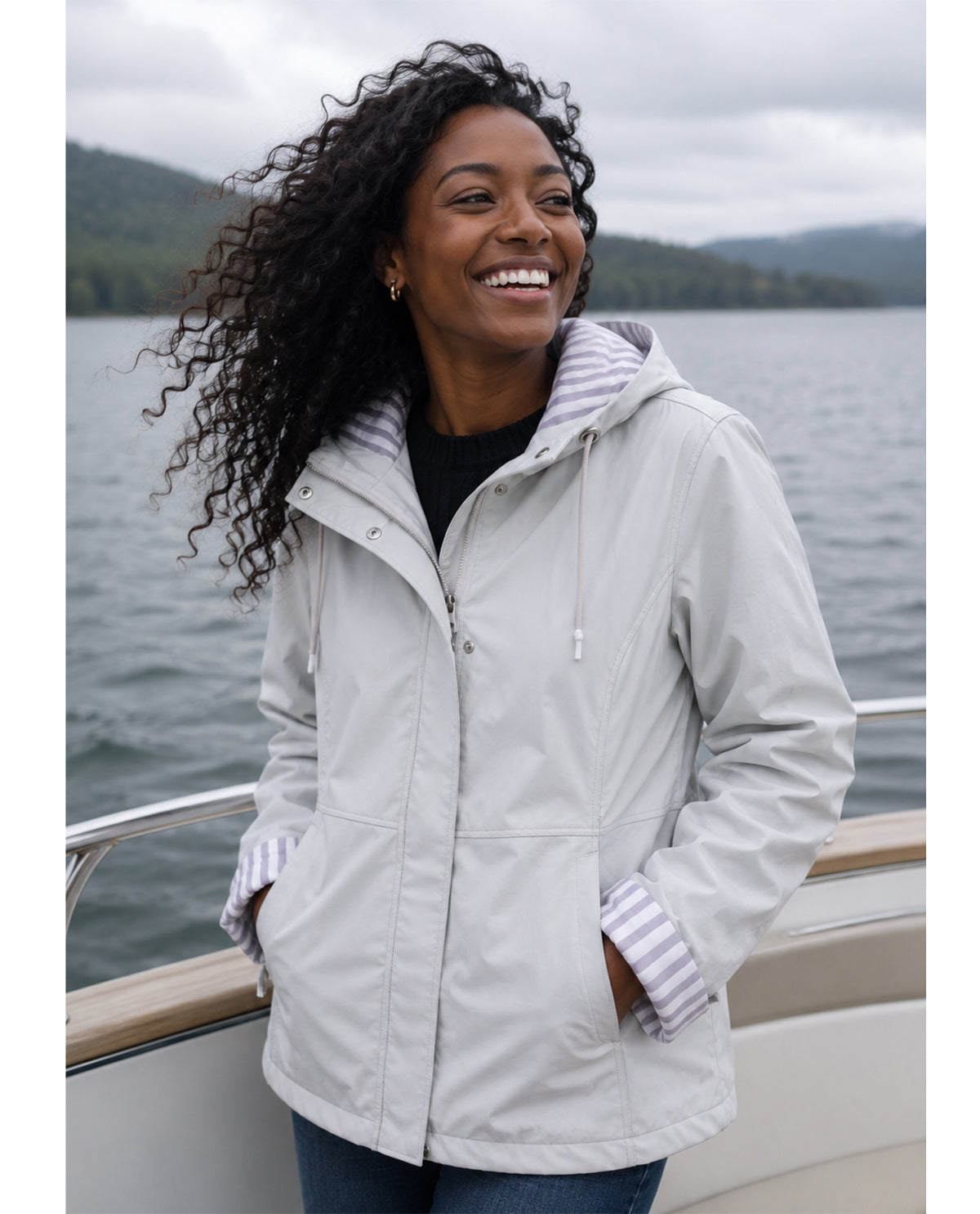 Lands End Zip Up Hooded Rain Jacket With Stripe Lining