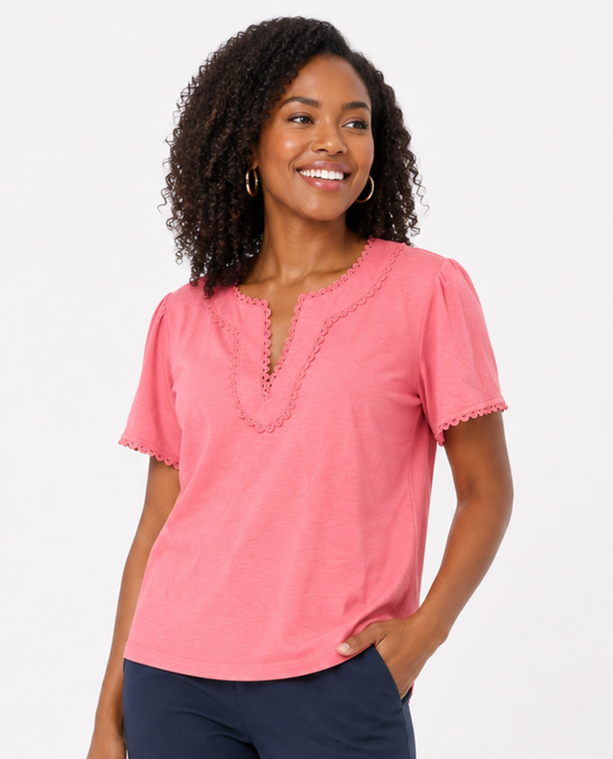 Lands End Split Neck Trimmed Top Rose