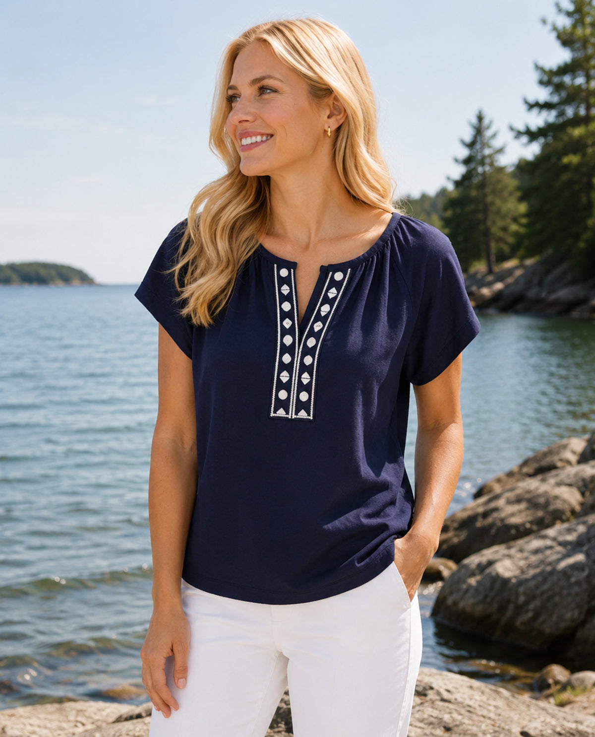 Lands End Embroidered Split Neck Top Blue
