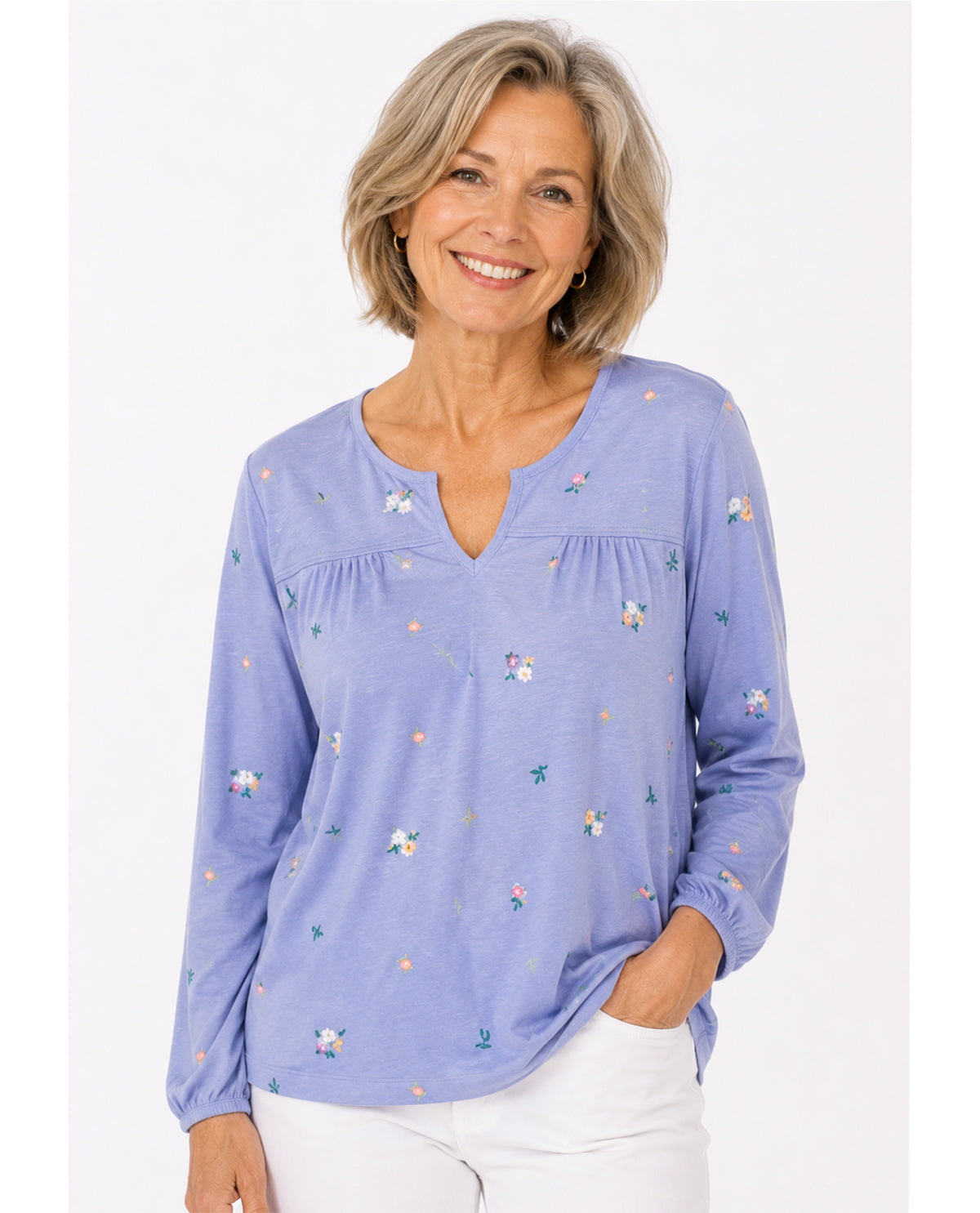 Lands End Embroidered Split Neck Top