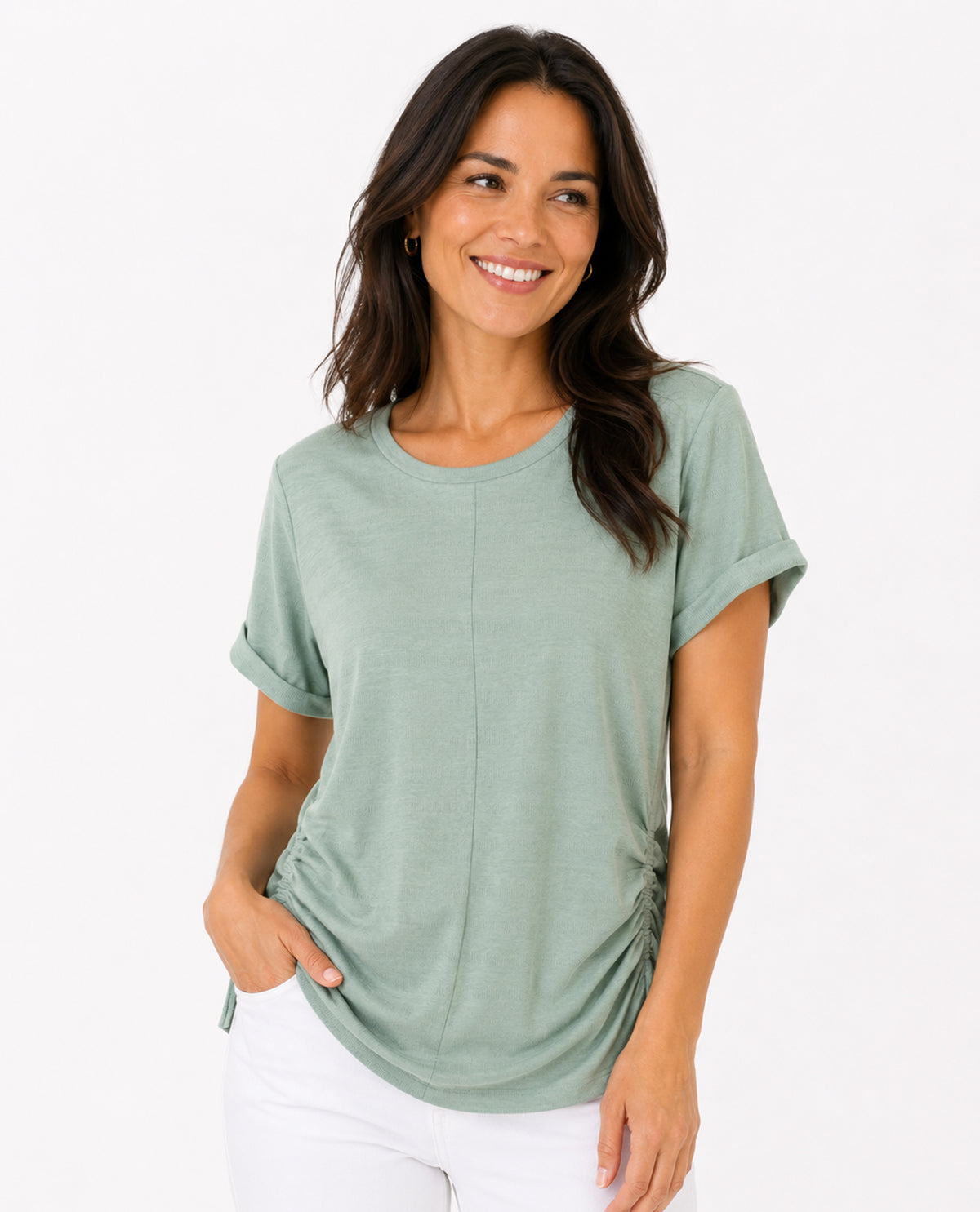 Lands End Cuffed Sleeve Top With Ruched Sides